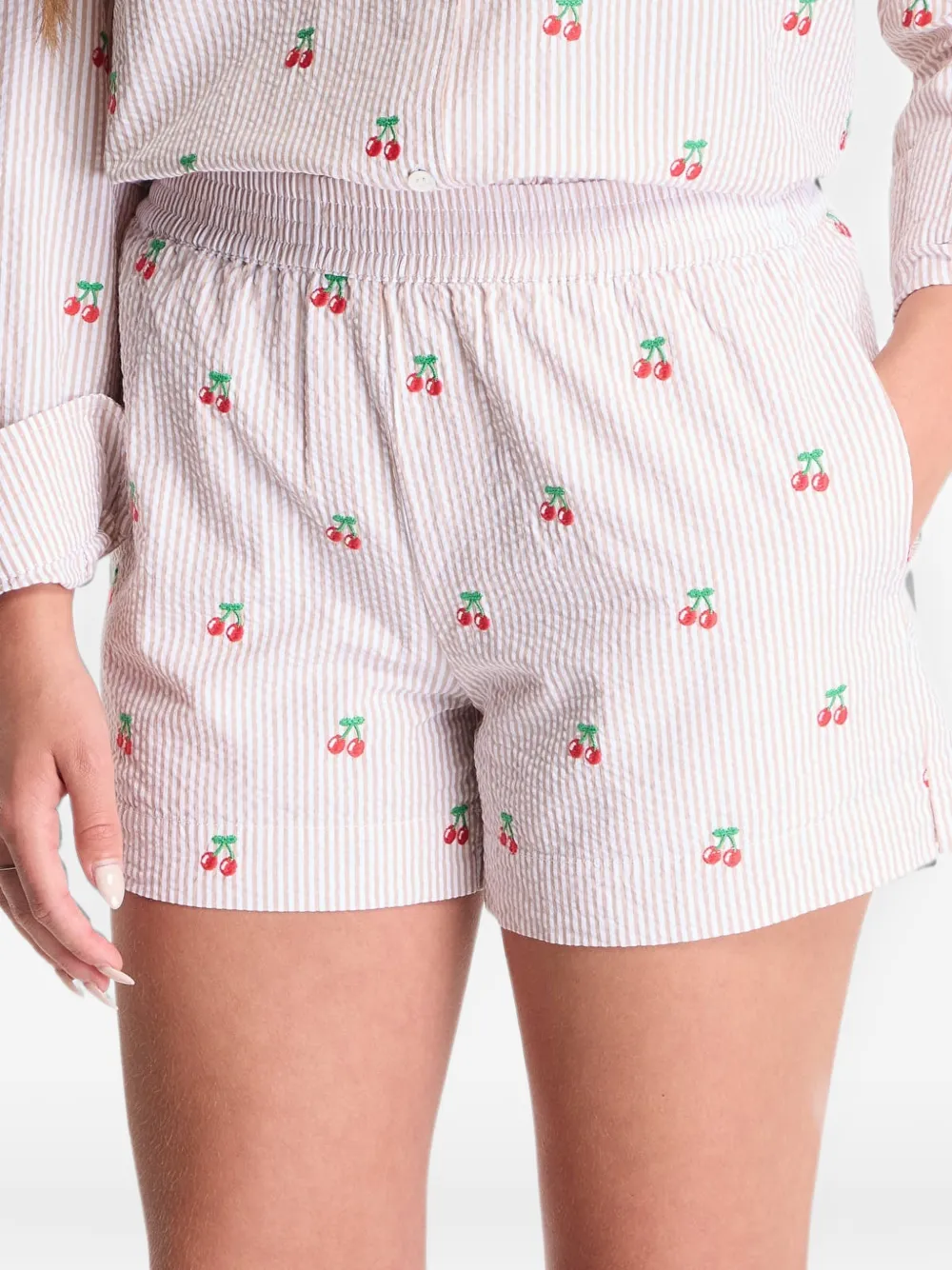 MC2 Saint Barth Meave cherry-embroidered seersucker shorts Beige