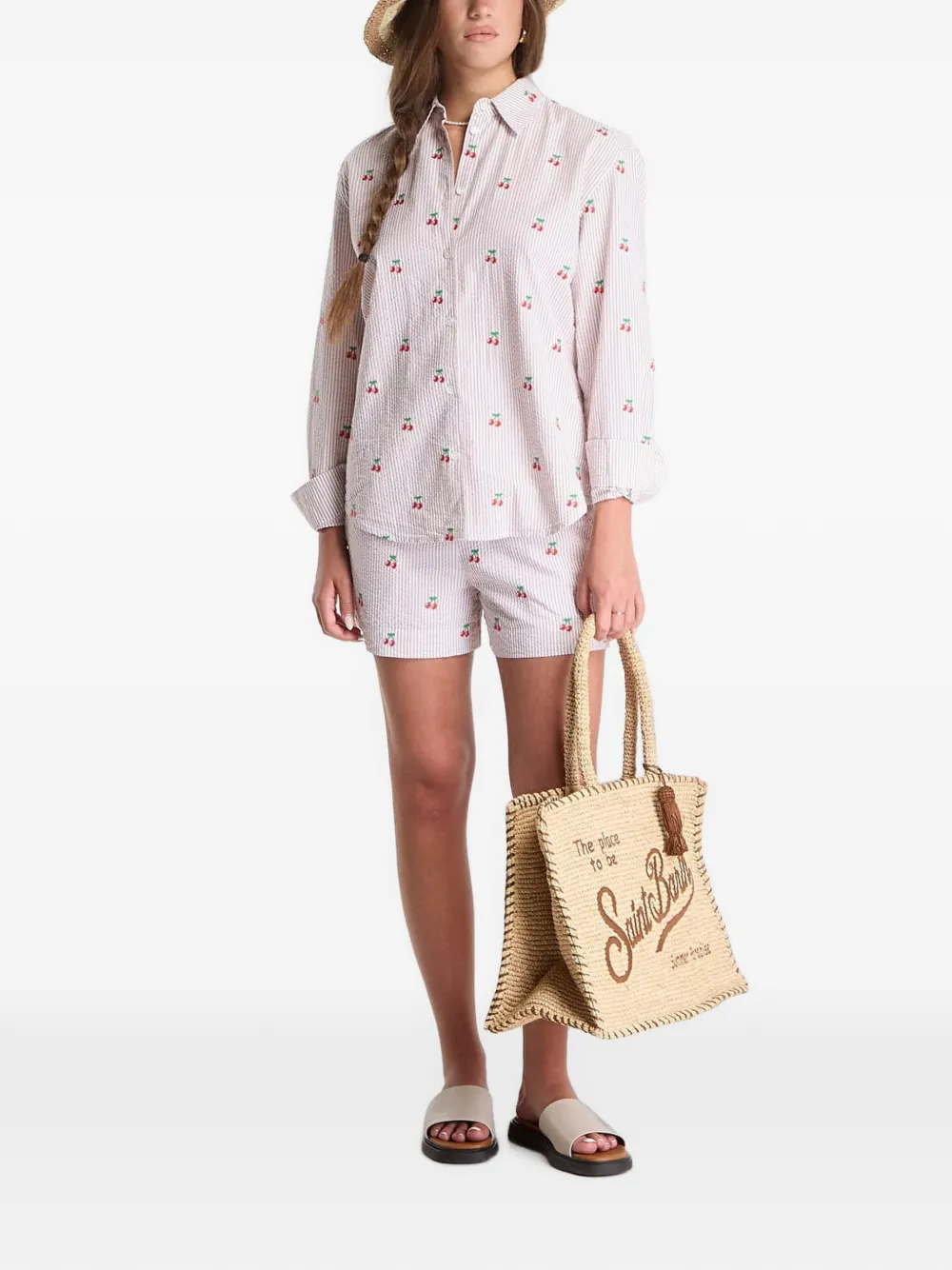 MC2 Saint Barth Meave cherry-embroidered seersucker shorts Beige