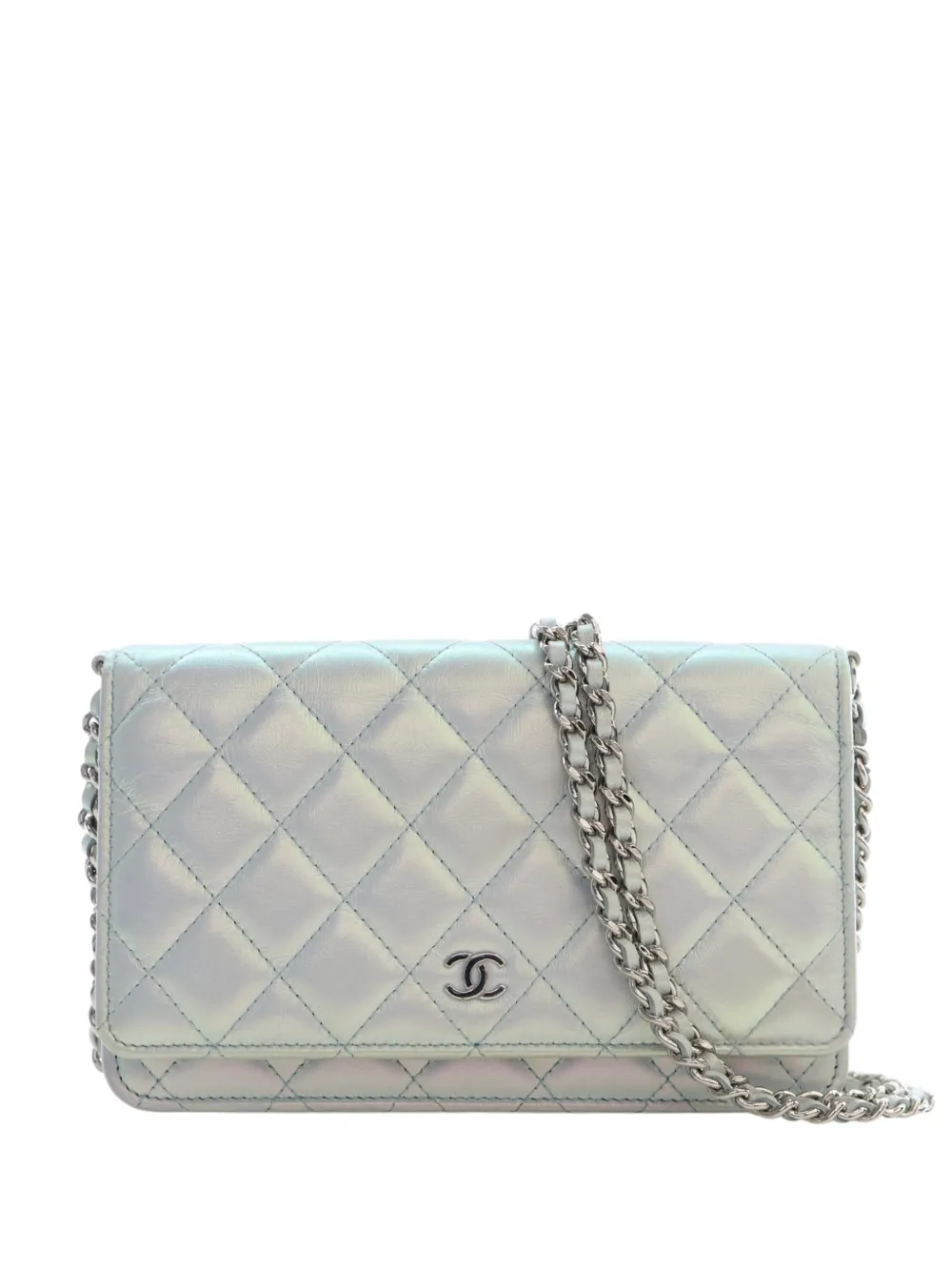 Pre-owned Chanel 2021-2026 Cc Quilted Iridescent Lambskin Wallet On Chain Crossbody Bag In White