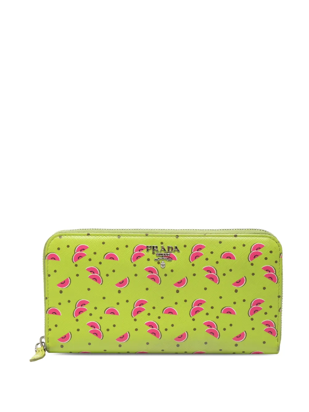 Pre-owned Prada 2010-2026 Saffiano Watermelon Zip Around Wallet Long Wallets In Green