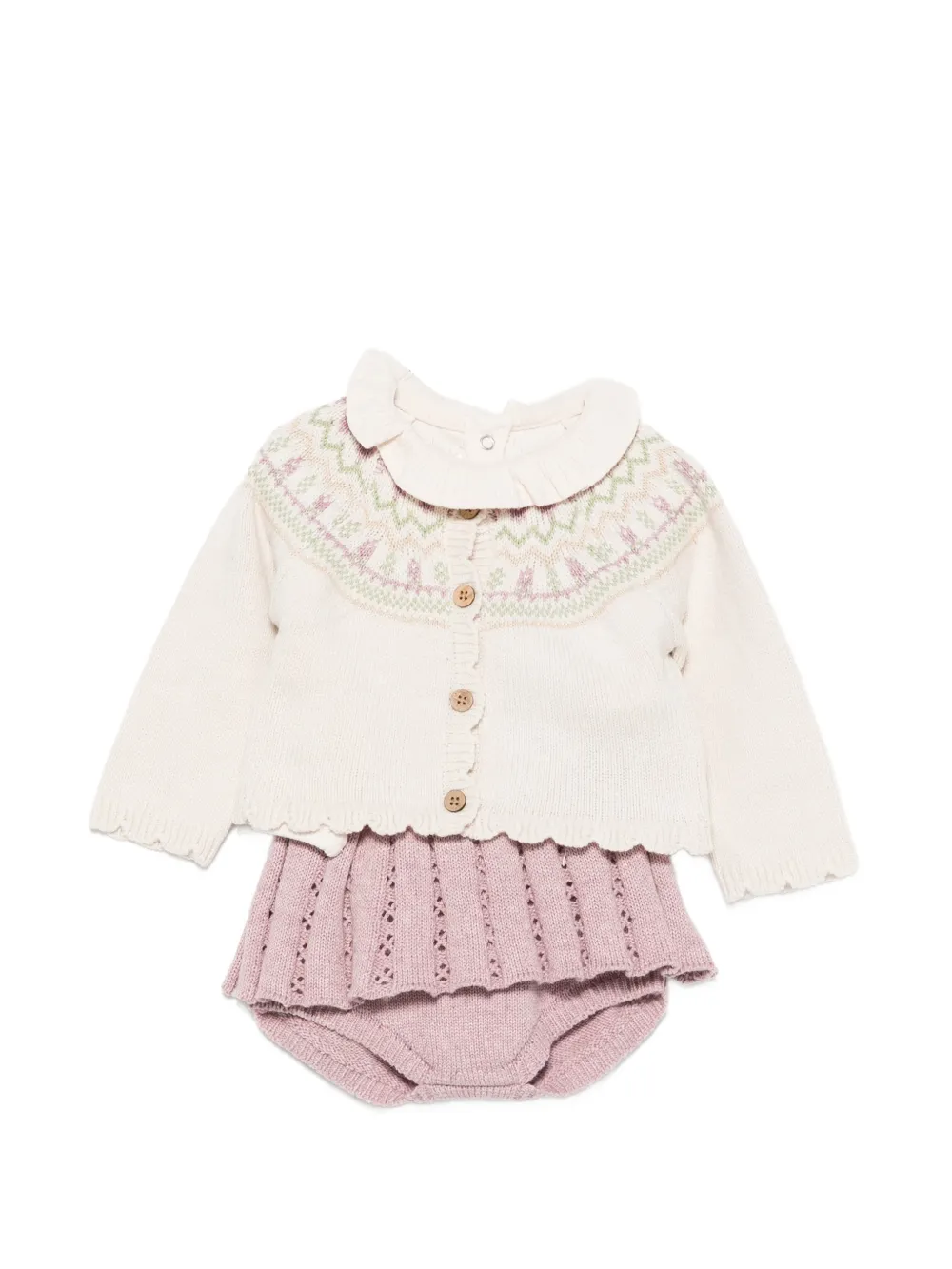 Mayoral ruffled-collar pointelle-knit bodie set (set of three) - Rosa