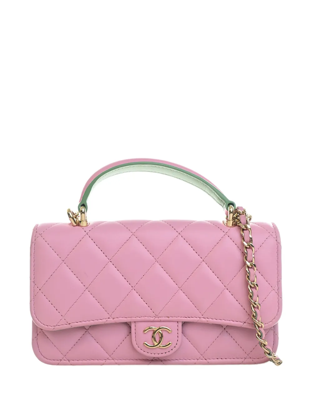 Pre-owned Chanel 2021-2026 Cc Quilted Lambskin Top Handle Phone Holder With Chain Satchel In Pink