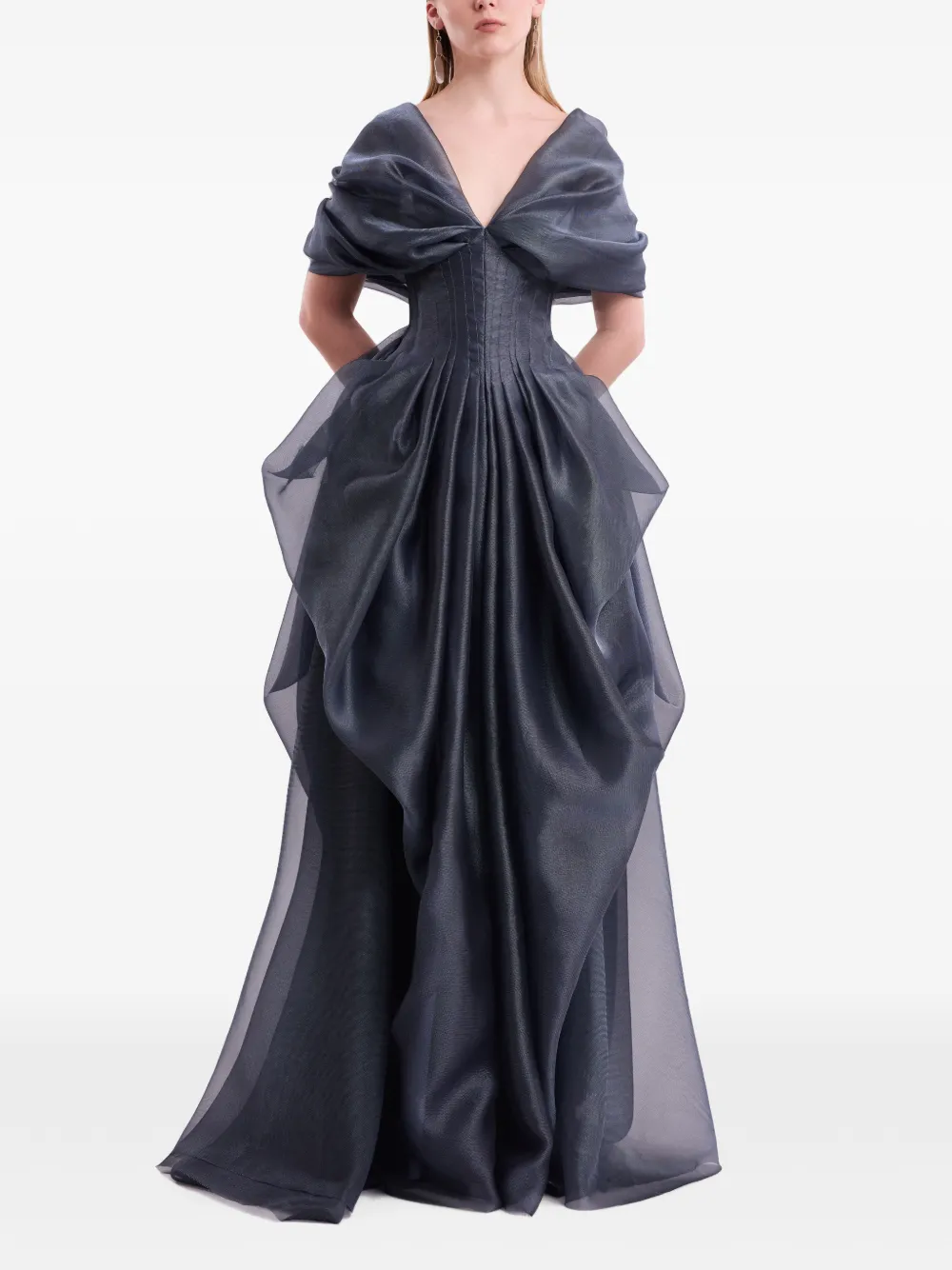 gemy maalouf dress smokey grey Draped V-neck Gown | global-supplier-Arnav Embroideries Pvt Ltd