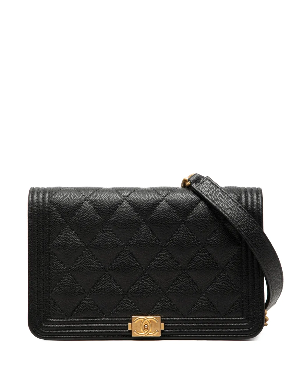 Pre-owned Chanel 2021-2026 Quilted Caviar Boy Wallet On Chain Crossbody Bag In Black