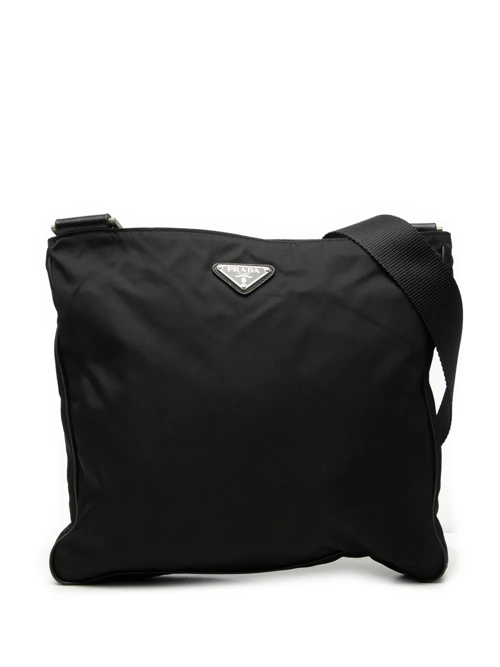 Pre-owned Prada 2013-2026 Saffiano Trimmed Tessuto Zip Top Crossbody Bag In Black