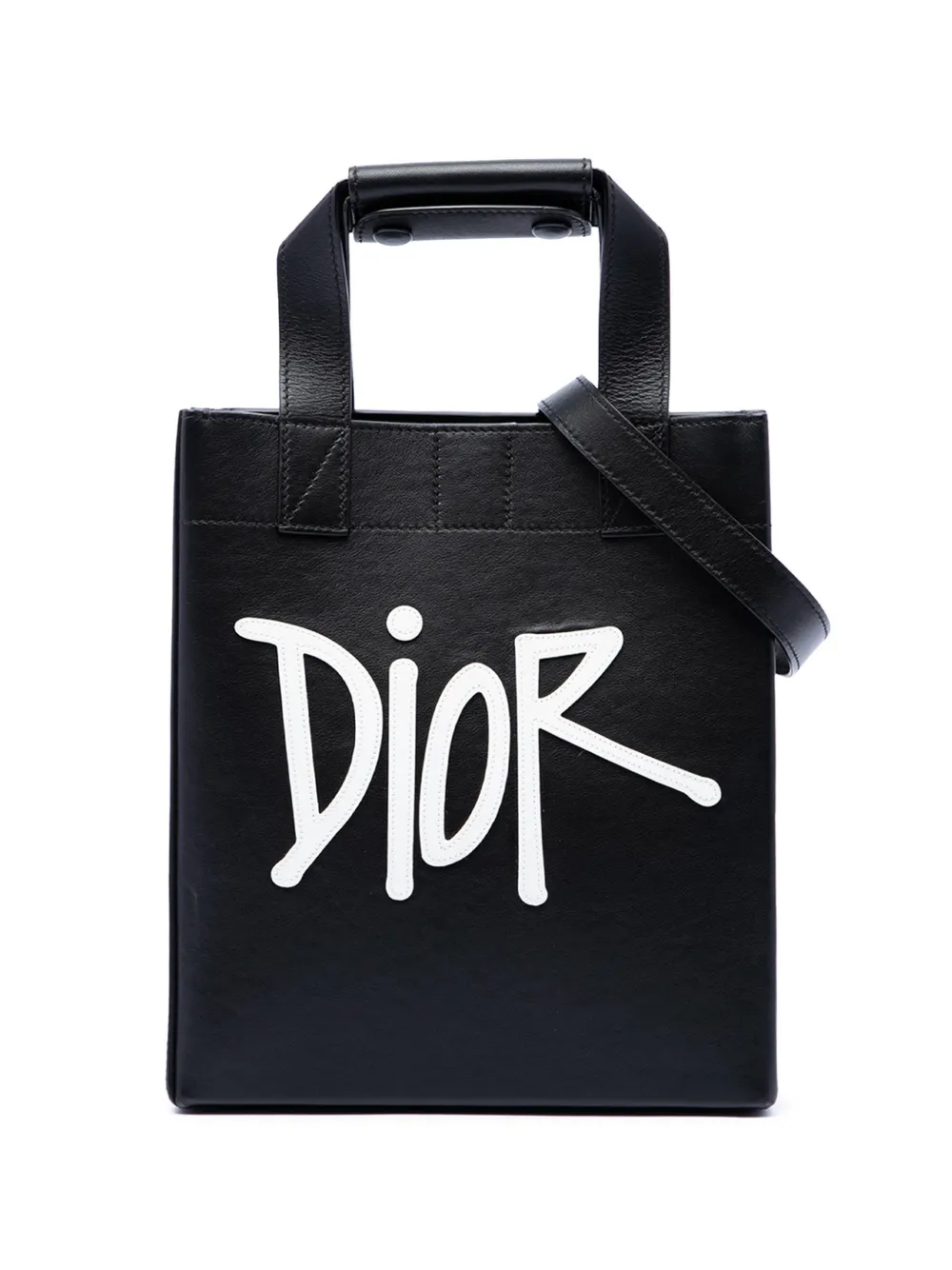 Pre-owned Dior 2021 Stussy Small Logo Applique Tote Satchel In Black