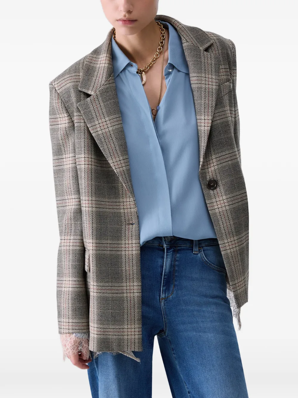 LIU JO Geruite blazer met kanten details Beige