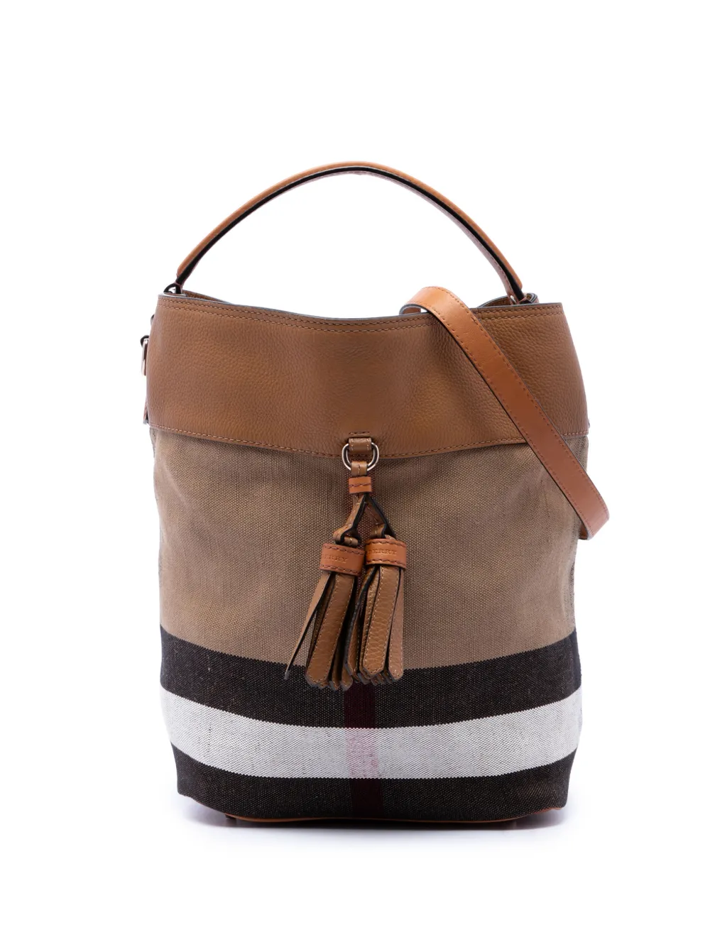 Burberry Pre-Owned 2000-2017 Medium Mega Check Canvas and Grained Calfskin Ashby Tassel Bucket Bag satchel - Brown