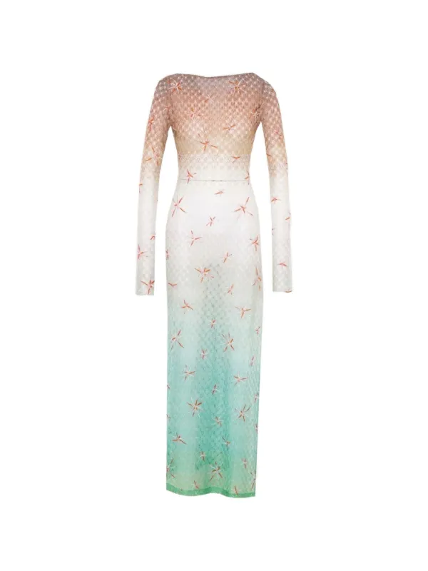 Missoni Long Cover-up Dress in Lamé Viscose with Dégradé Spiderweb Motif and Embroidery in Neutrals