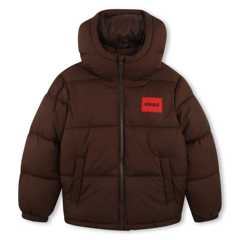 HUGO KIDS padded logo-patch jacket - Brown