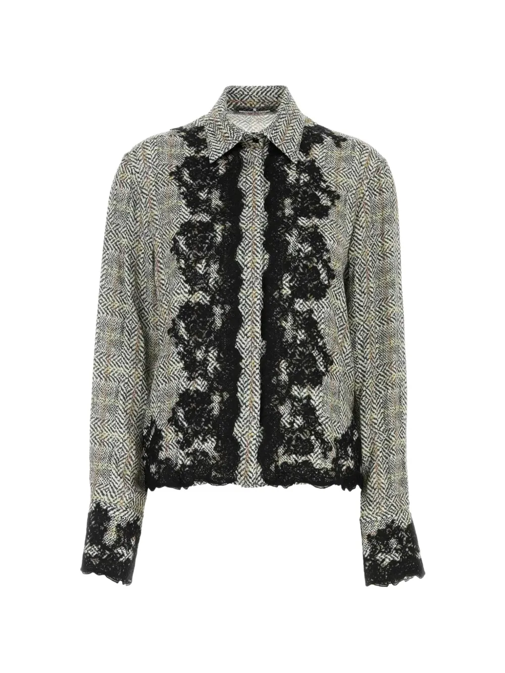 Ermanno Scervino lace-trim Prince of Wales check shirt - Grey