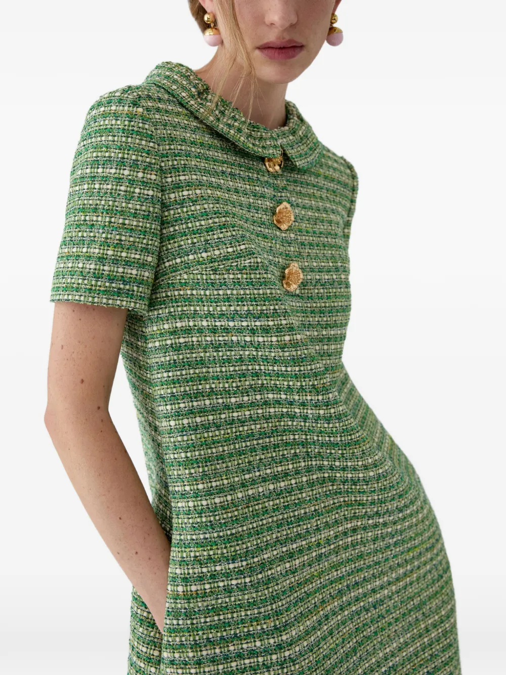 Carolina Herrera Tweed shiftjurk met knopen en mini-jurk Groen