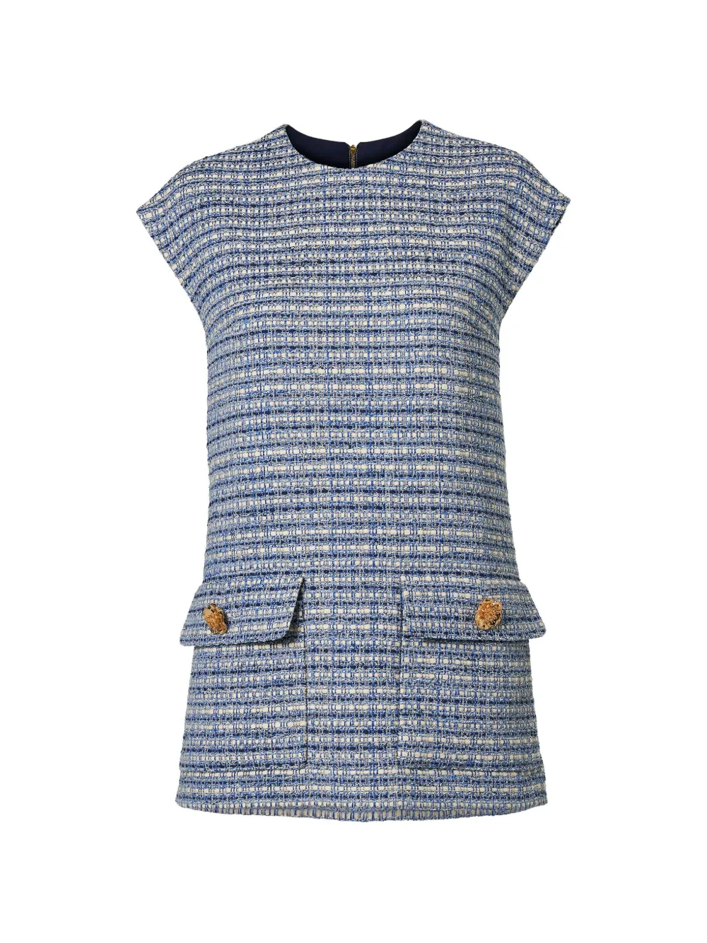 Carolina Herrera Short-sleeved Belted Tweed Blouse In Blue