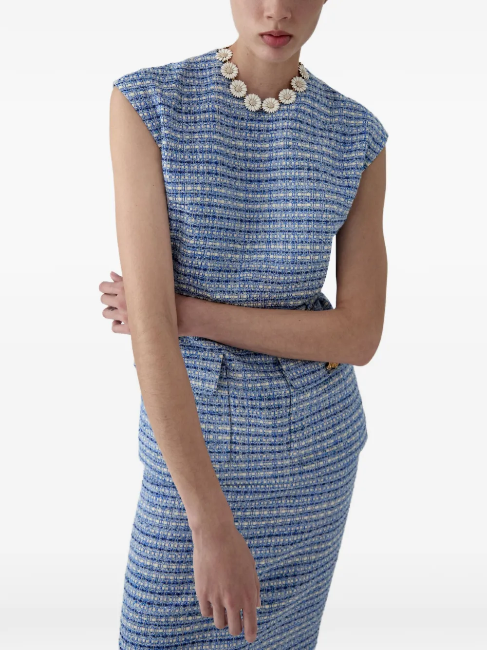 Carolina Herrera Tweed blouse met ceintuur en korte mouwen Blauw