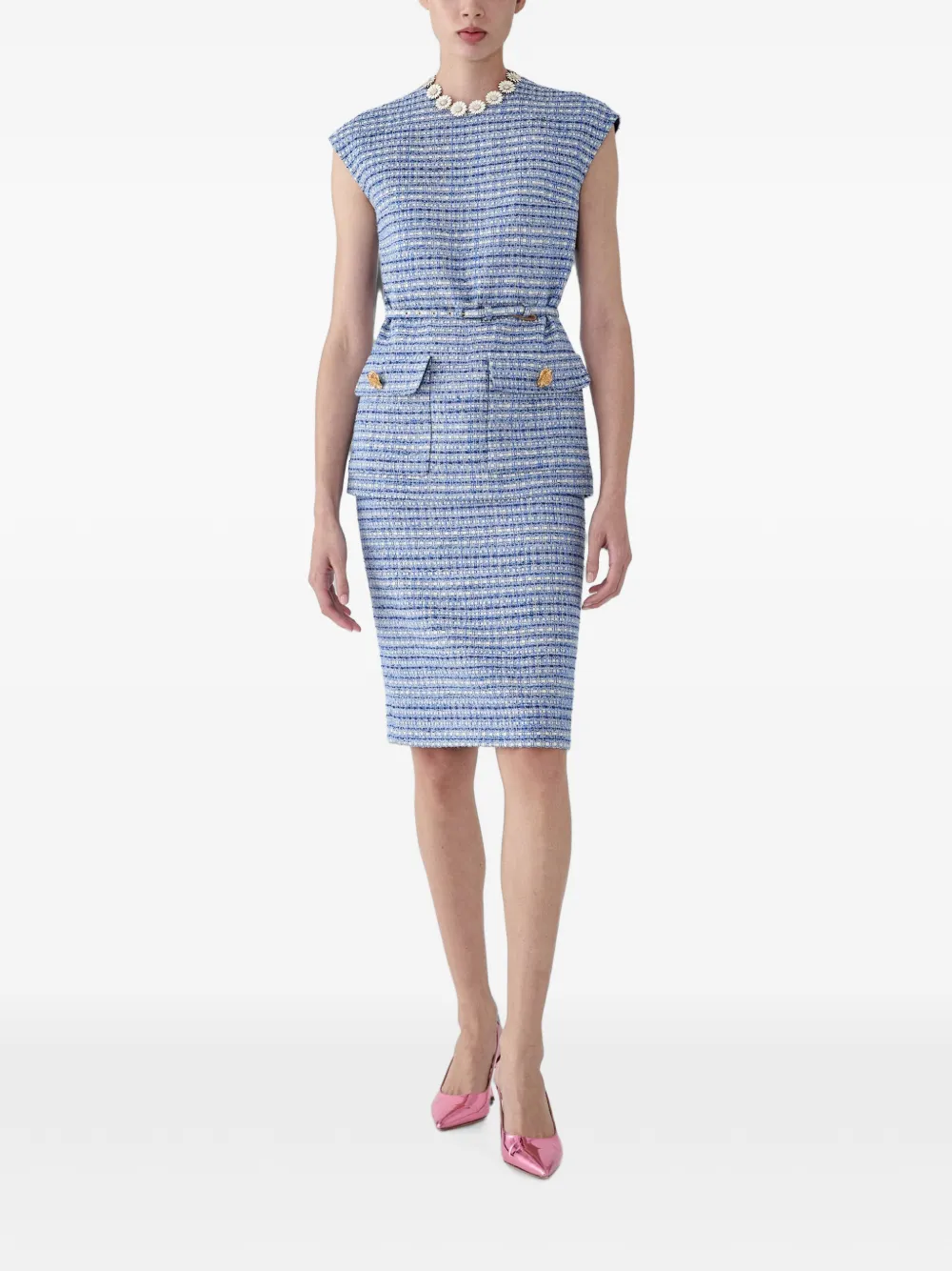 Carolina Herrera Tweed blouse met ceintuur en korte mouwen Blauw