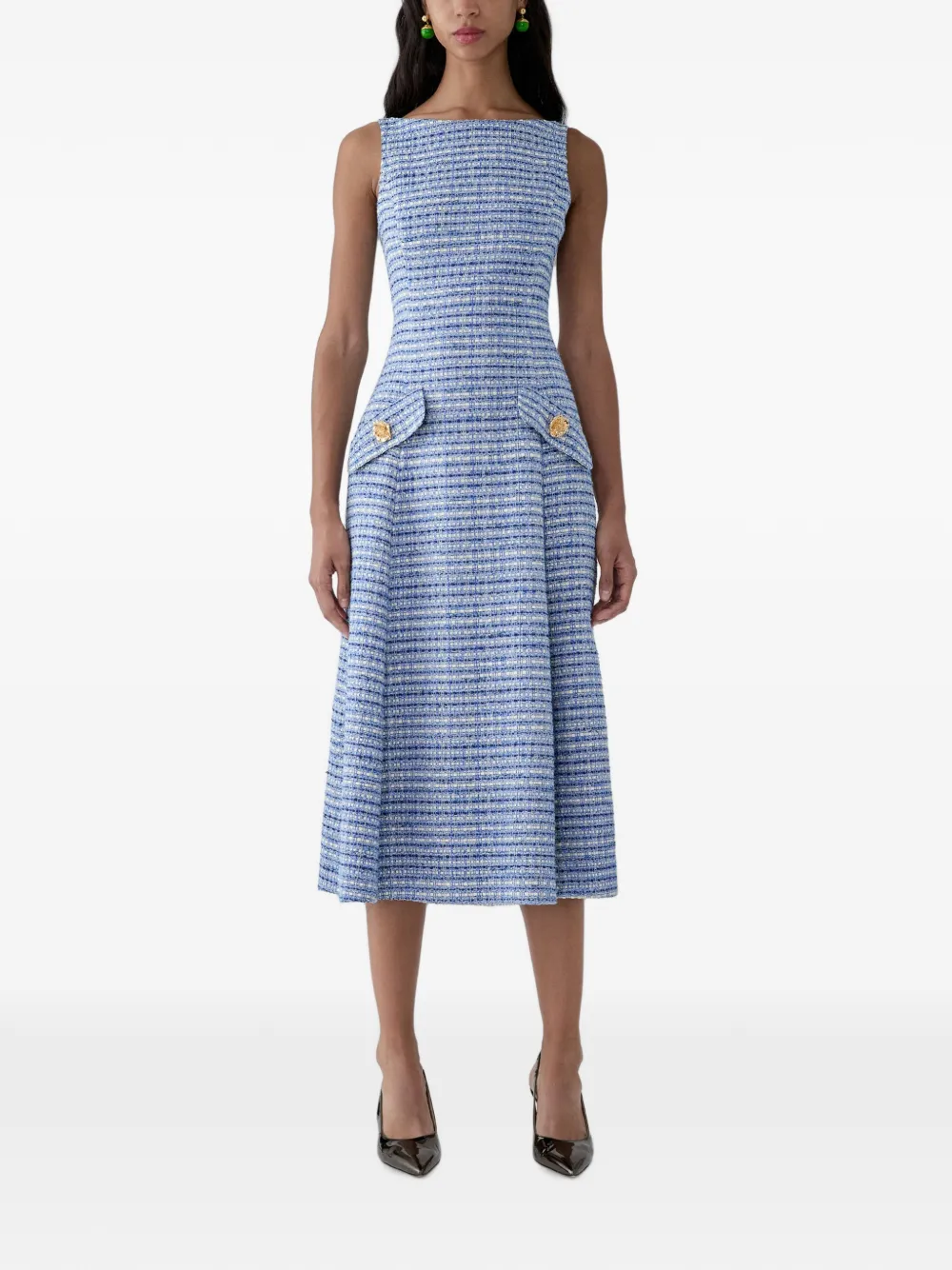 Carolina Herrera A-lijn midi-jurk met tweed-effect en knoopdetail Blauw
