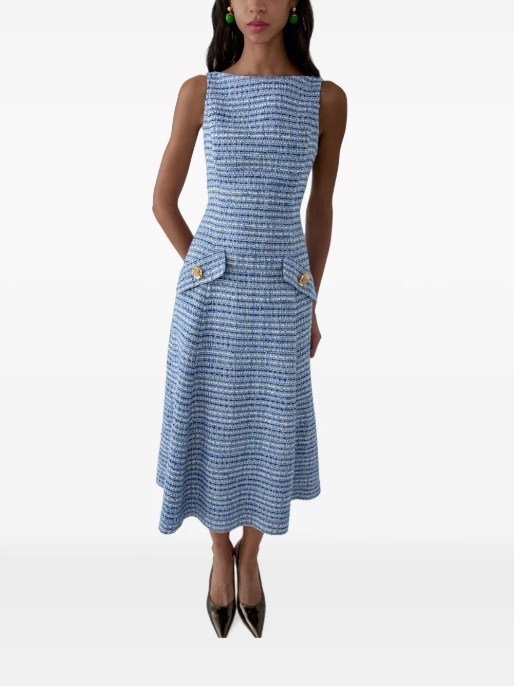 Carolina Herrera A-lijn midi-jurk met tweed-effect en knoopdetail Blauw
