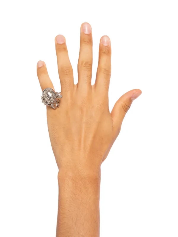 Alexander McQueen floral-embellished Skull Ring | Silver | FARFETCH