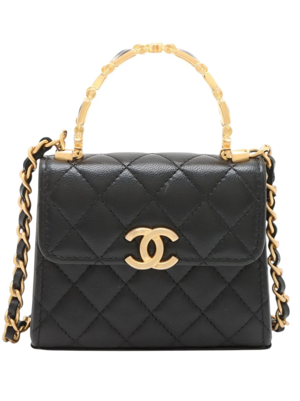 Pre-owned Chanel 2021-2026 Mini Quilted Lambskin Enameled Top Handle Flap Satchel In Black