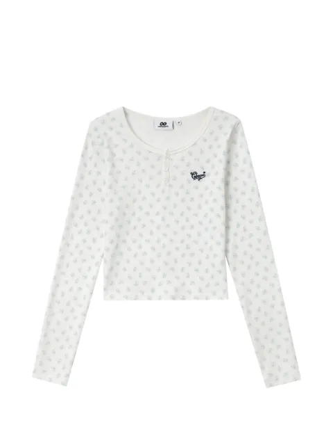 CHOCOOLATE logo-embroidered floral-print long-sleeved cropped T-shirt