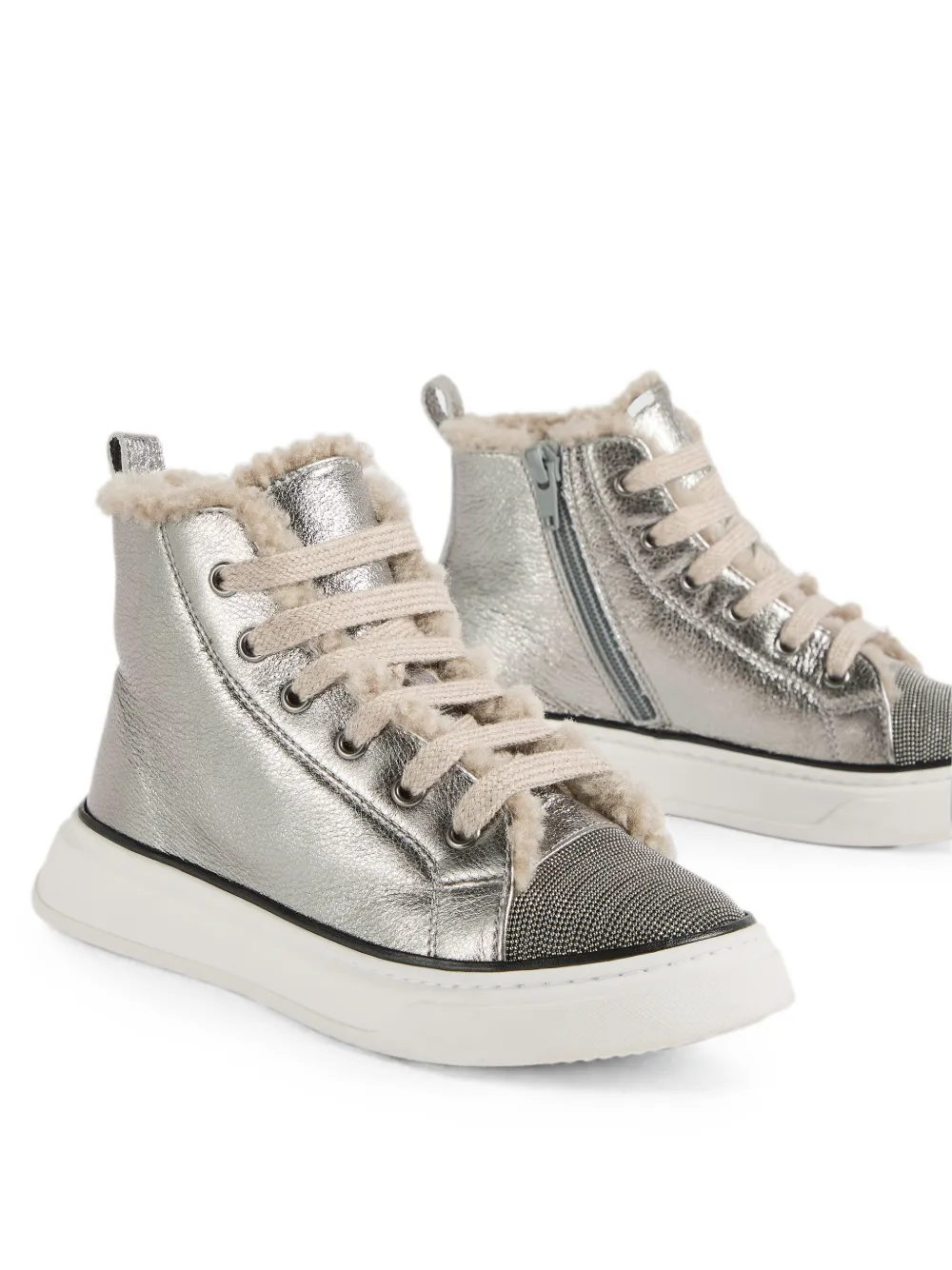 Brunello Cucinelli Kids Monili-detail shearling-trim sneakers Zilver