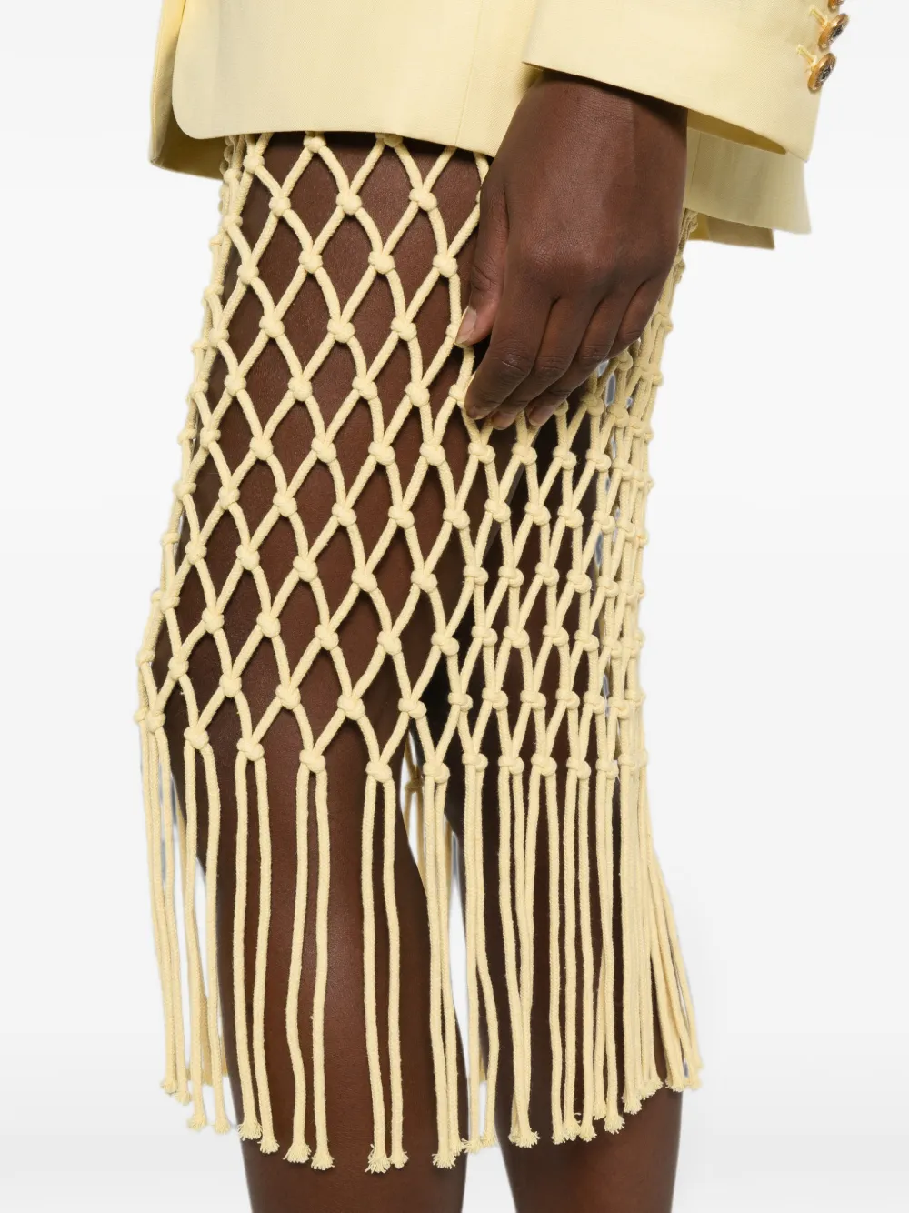 The Frankie Shop Tropea macramé gebreide midi-rok met franje Geel