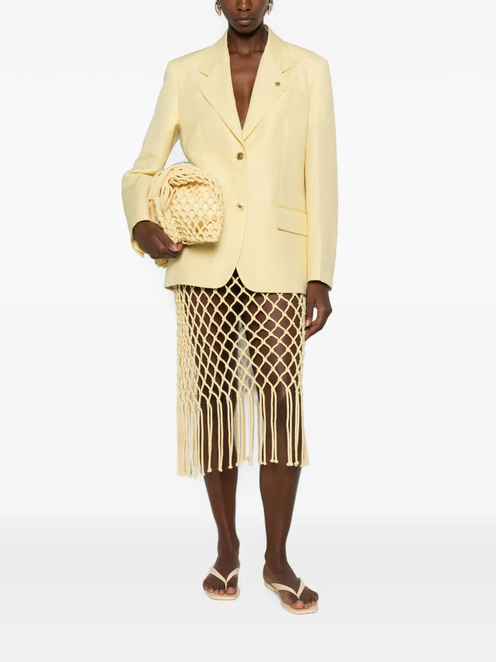 The Frankie Shop Tropea macramé gebreide midi-rok met franje Geel