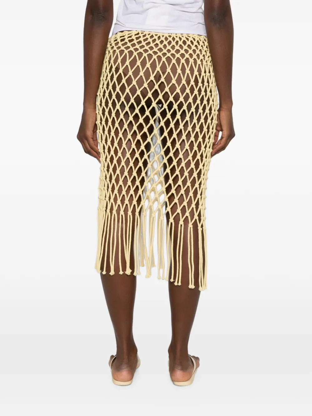 The Frankie Shop Tropea macramé gebreide midi-rok met franje Geel