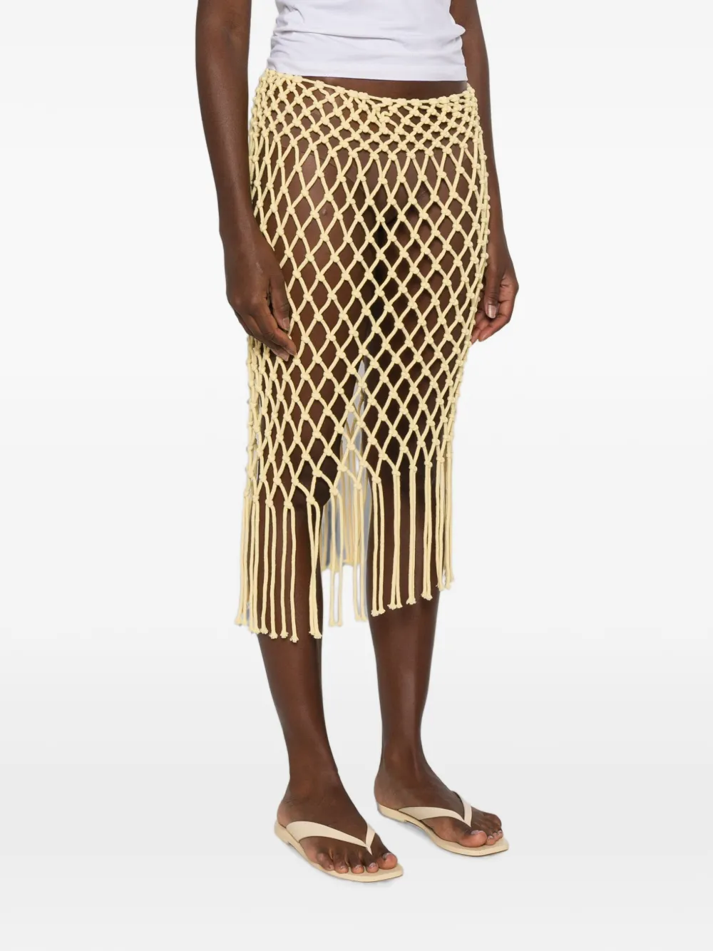 The Frankie Shop Tropea macramé gebreide midi-rok met franje Geel