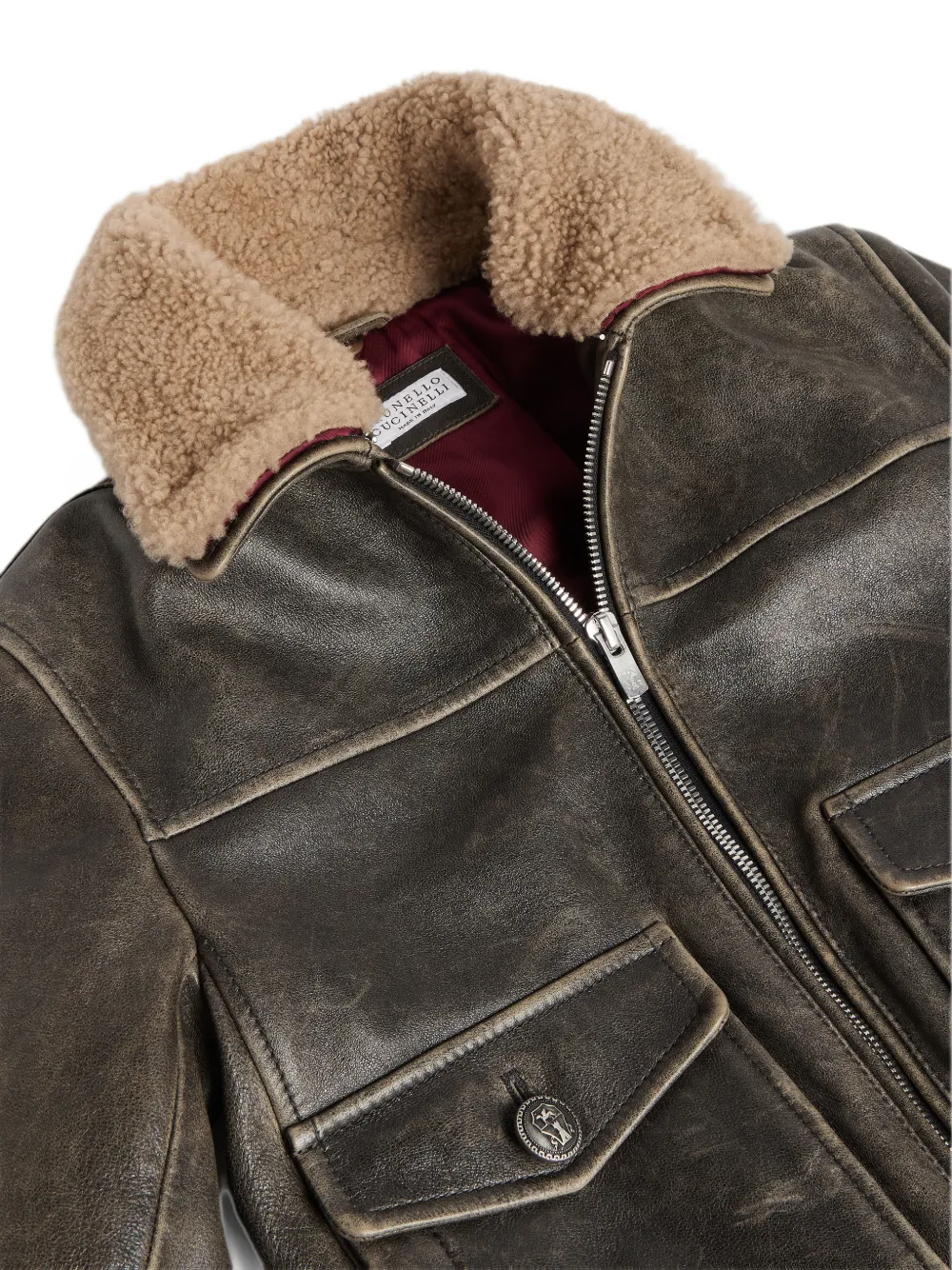Brunello Cucinelli Kids Leren bomberjack met lammy kraag Bruin