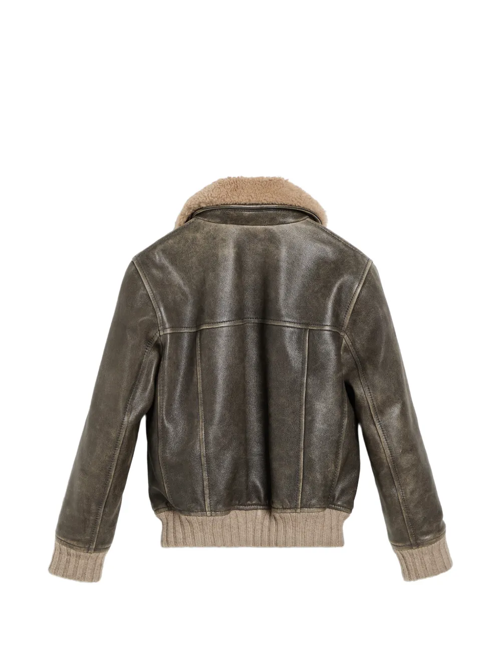 Brunello Cucinelli Kids Leren bomberjack met lammy kraag Bruin