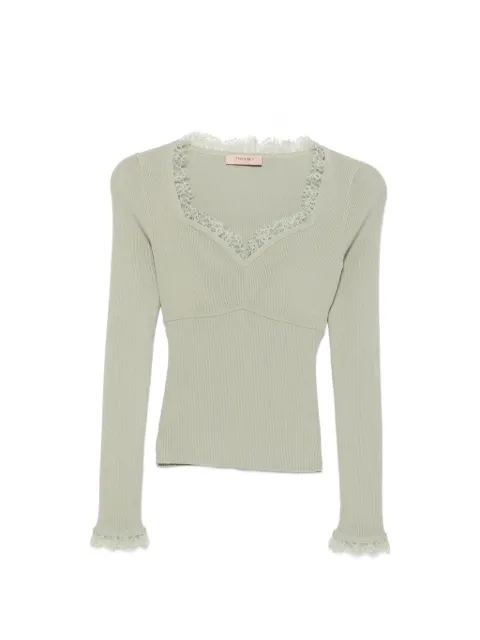 TWINSET suéter de canalé con ribete de encaje