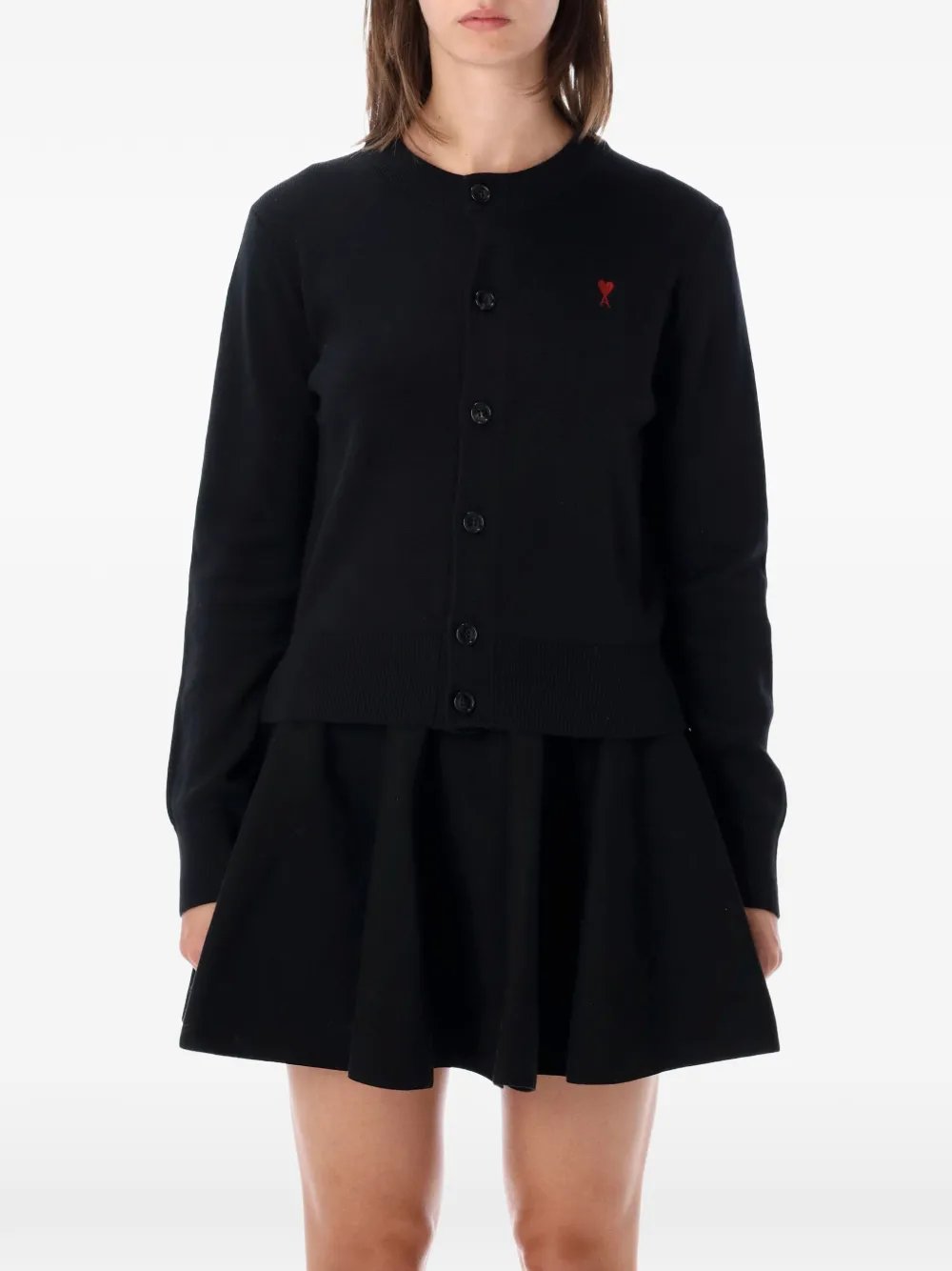 AMI Paris black crewneck wool cardigan with Ami de Coeur - Nero
