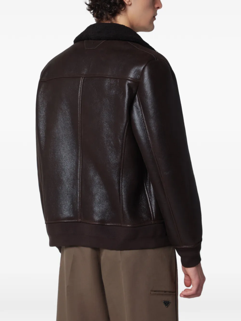 Salvatore Santoro Leren bomberjack met lammy kraag Bruin