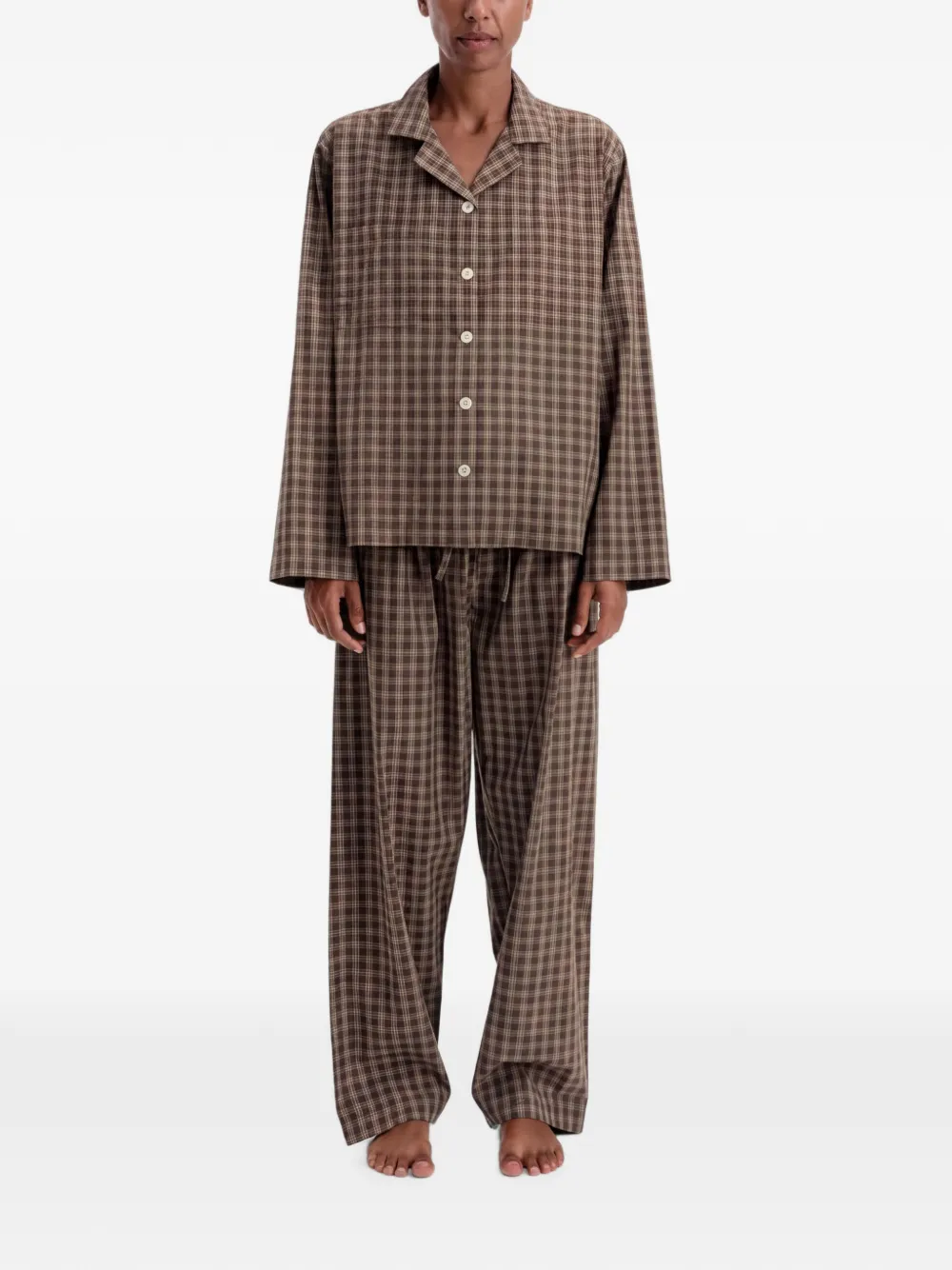 Tekla Check-print Cotton Pajamas in Brown, view 4