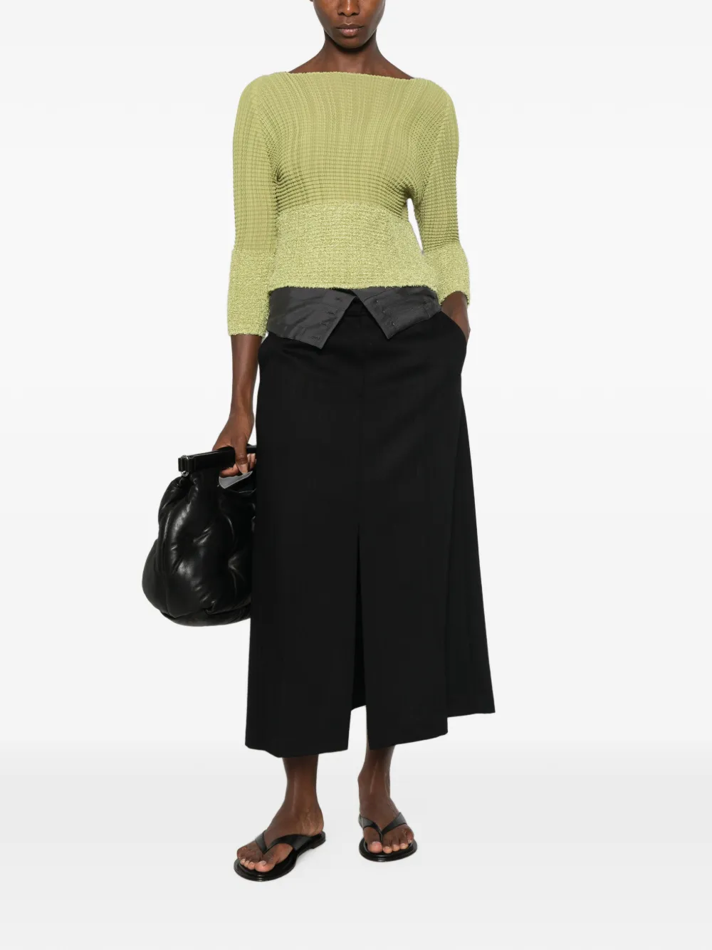 Issey Miyake plissé-effect three-quarter sleeve top Groen