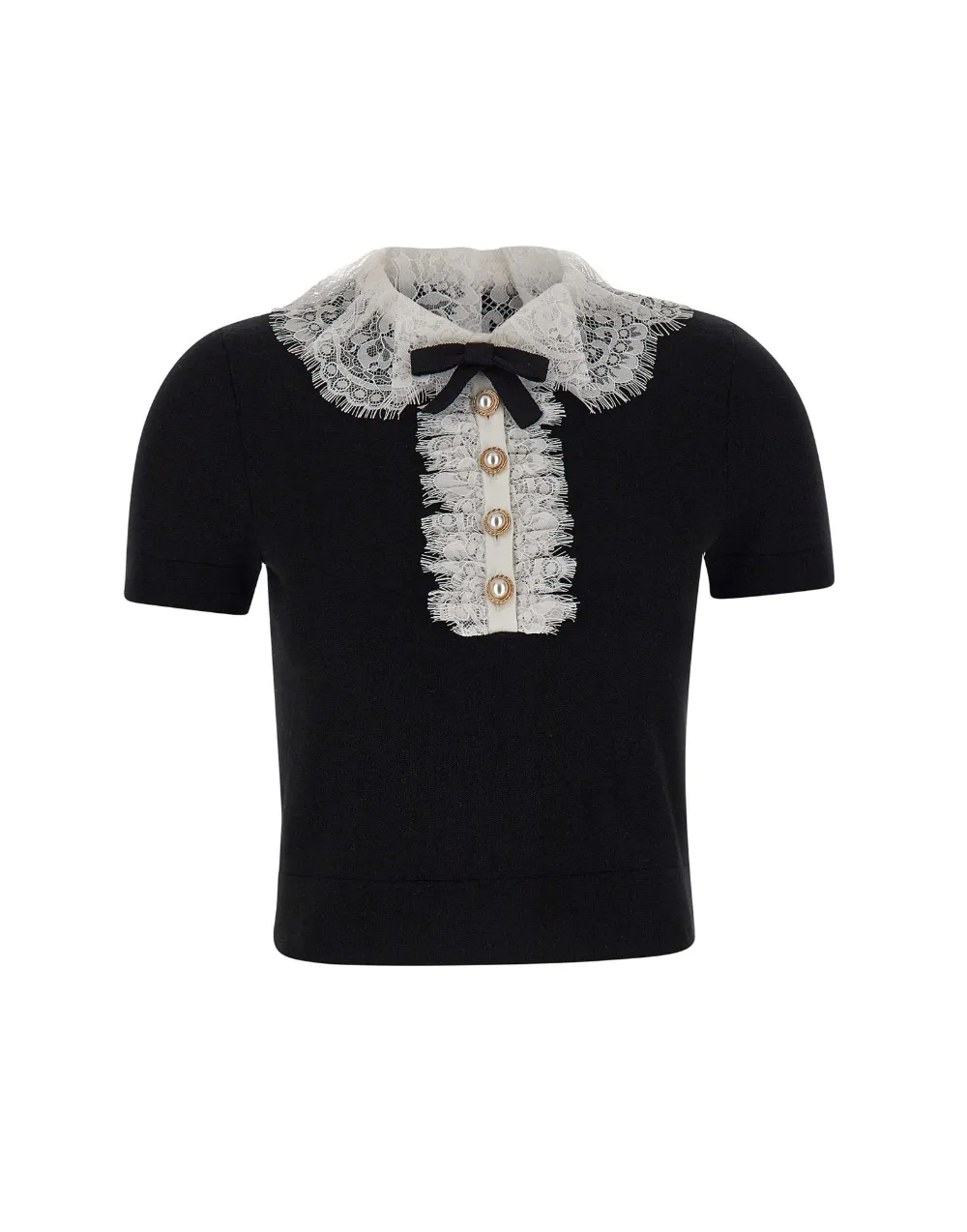 Self-Portrait lace-collar wool top - Schwarz