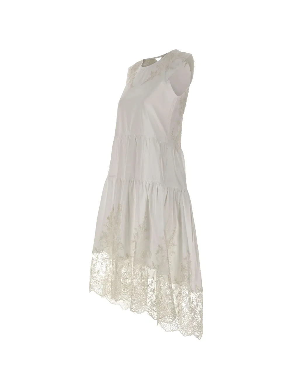 MAURIZIO MYKONOS lace-insert Ruffled Midi Dress | White | FARFETCH
