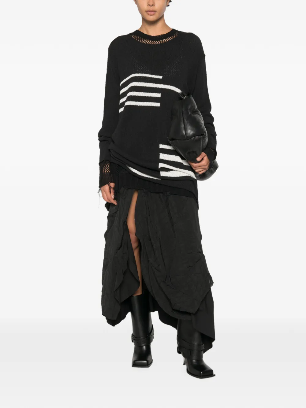 Yohji Yamamoto Intarsia gebreide trui met gerafeld effect Zwart