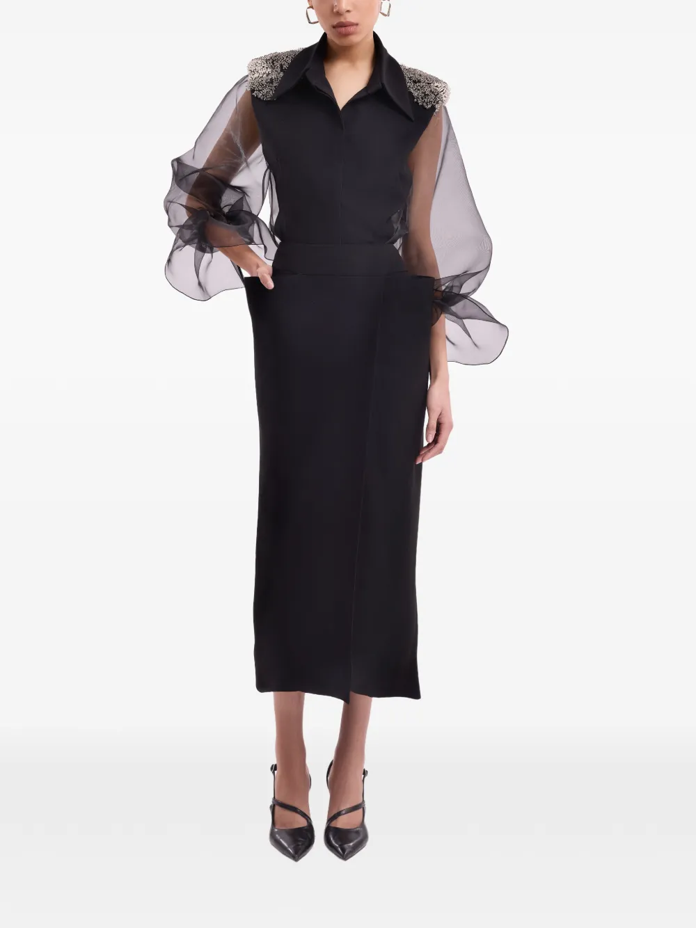 Gemy Maalouf beaded-shoulder puff-sleeve top - Nero