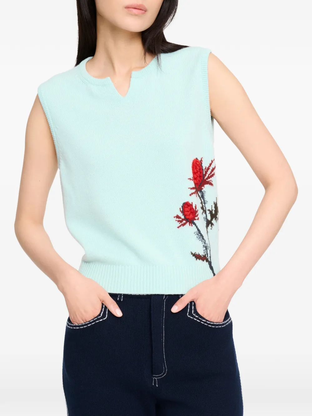 Barrie Mouwloze top met distel-patroon Blauw