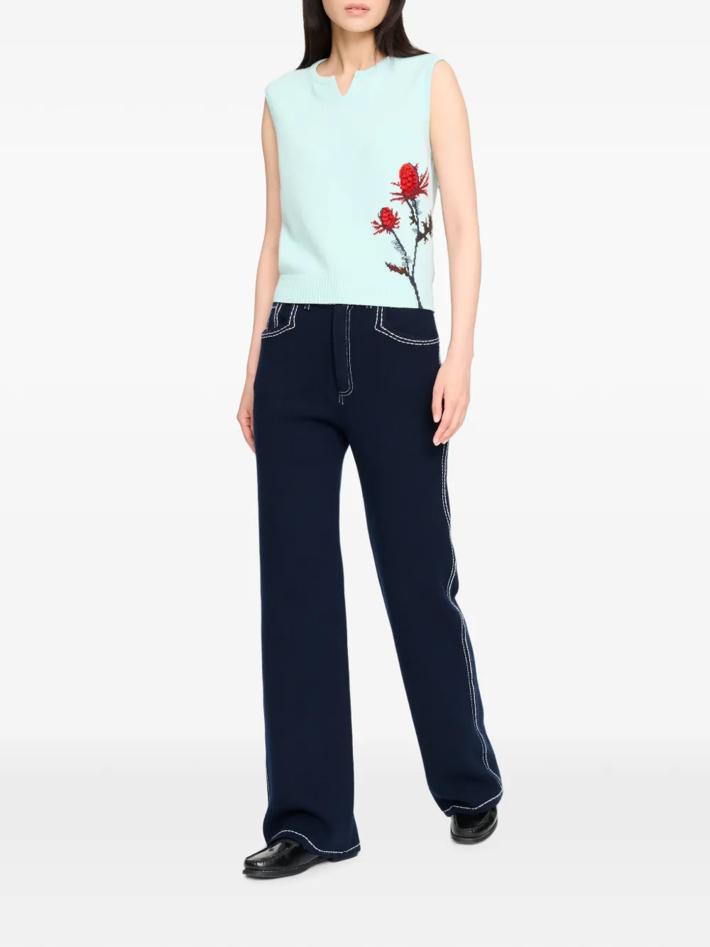 Barrie Mouwloze top met distel-patroon Blauw