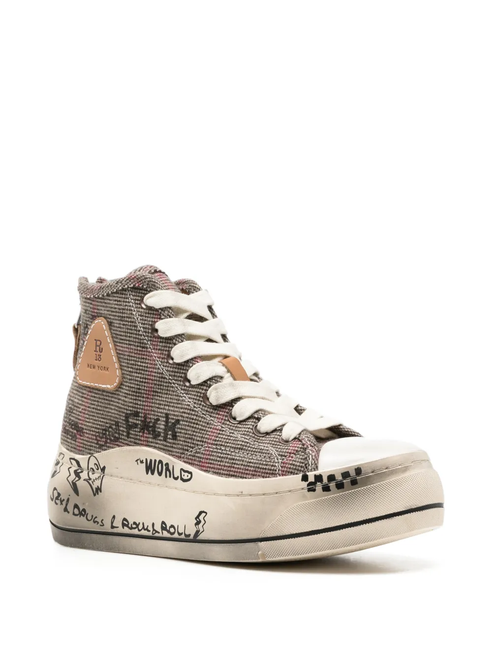 R13 Graffiti-print Plaid Sneakers in Brown, view 2