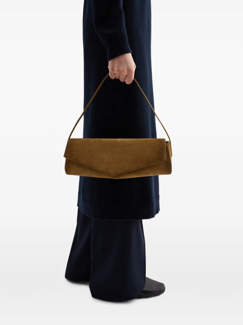 Jil Sander Kante suède schoudertas Bruin