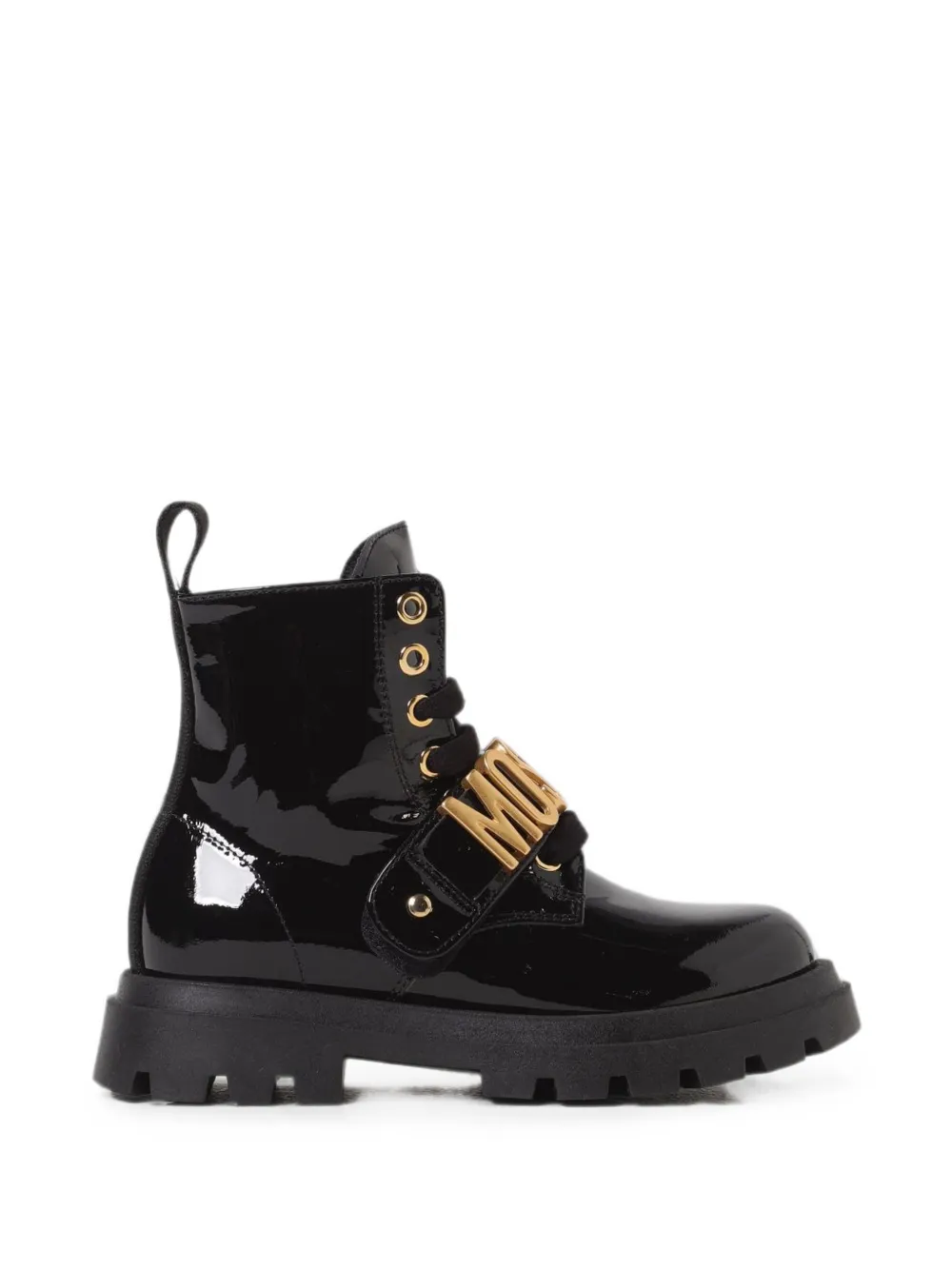 Moschino Kids logo-plaque patent leather boots Zwart