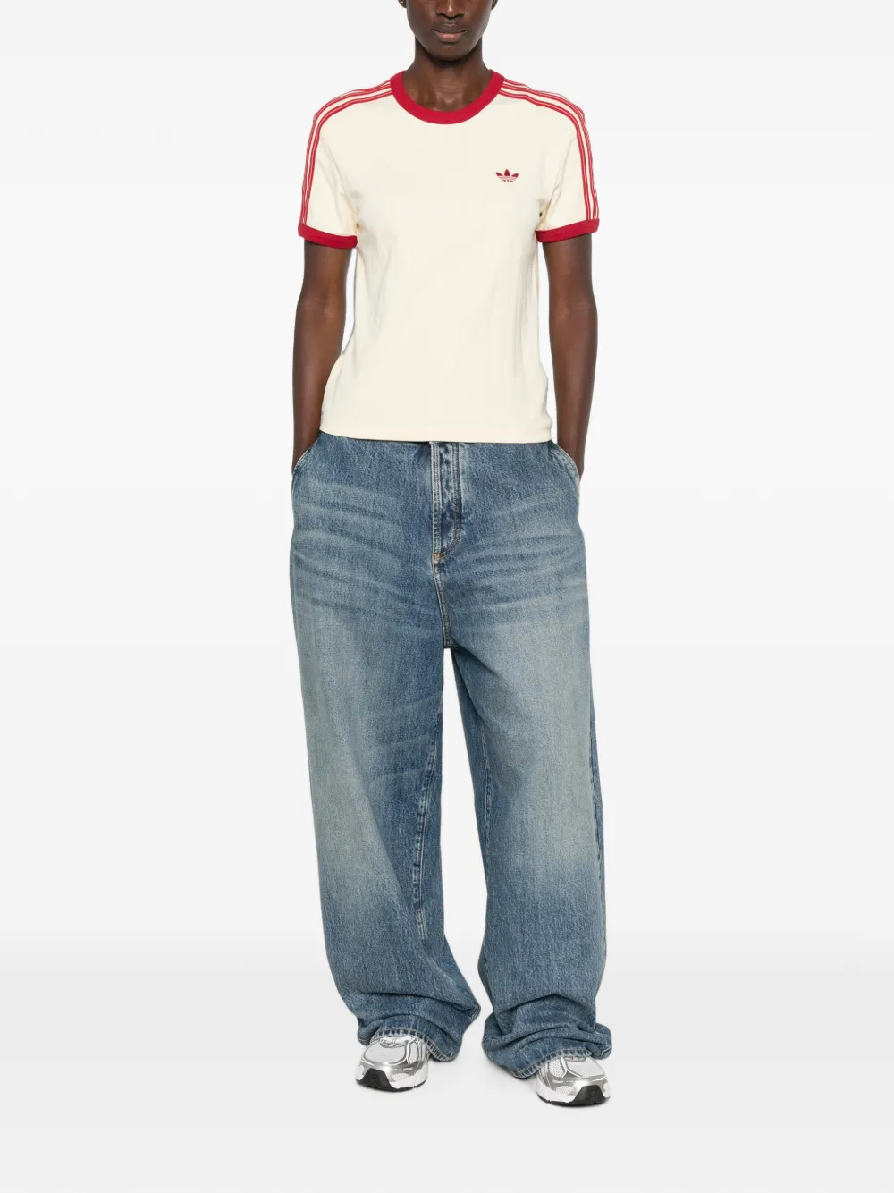 adidas logo-embroidered striped T-shirt Beige