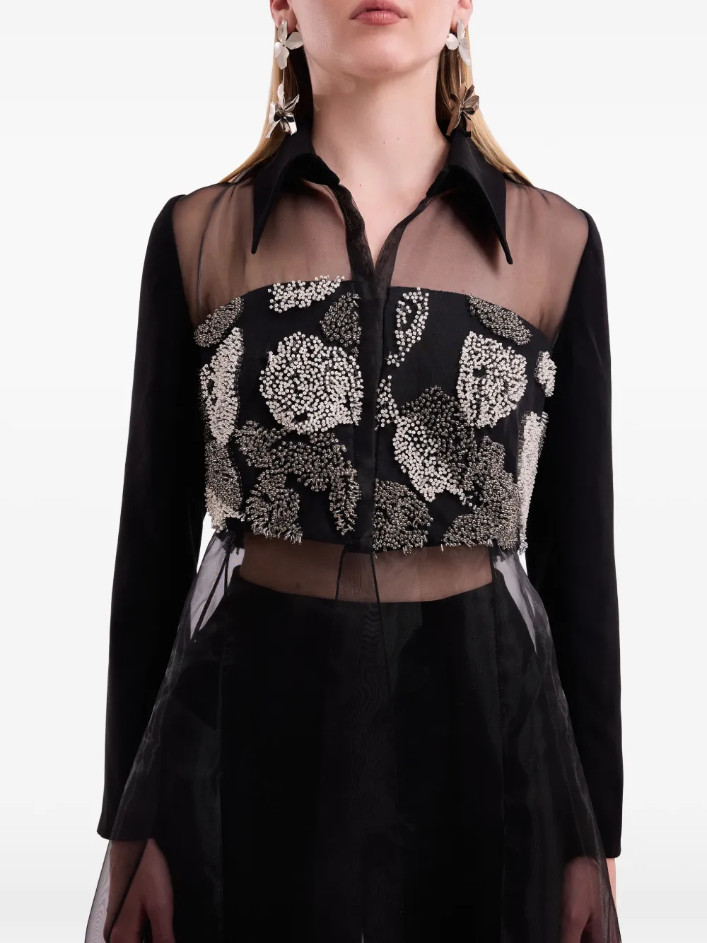 Gemy Maalouf beaded-floral sheer-panel shirt
