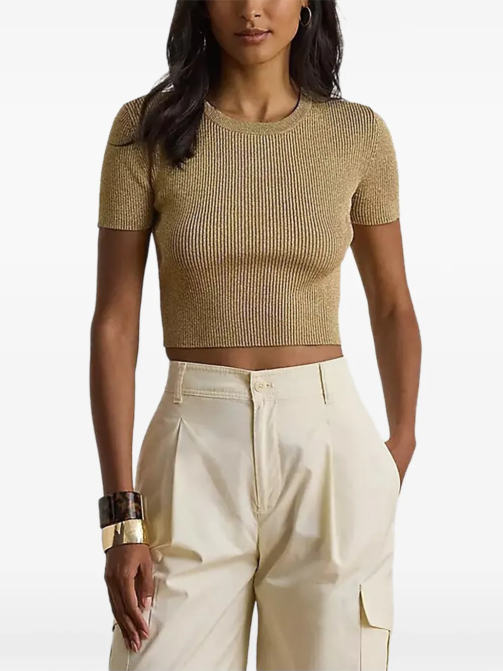 Lauren Ralph Lauren metalised ribbed-knit cropped T-shirt - Oro