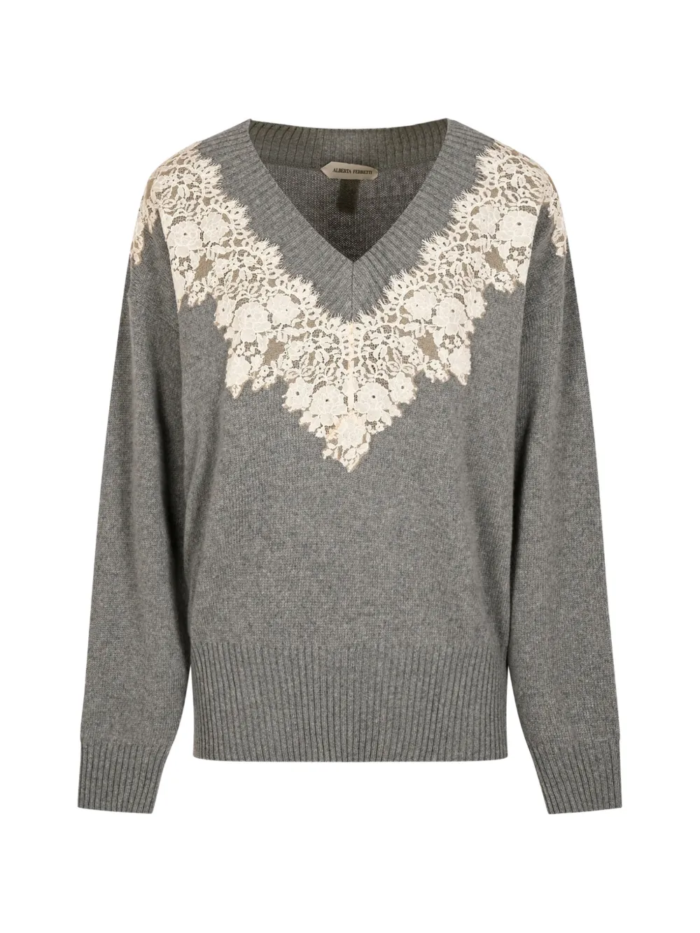 Alberta Ferretti lace-trim V-neck sweater - Grey