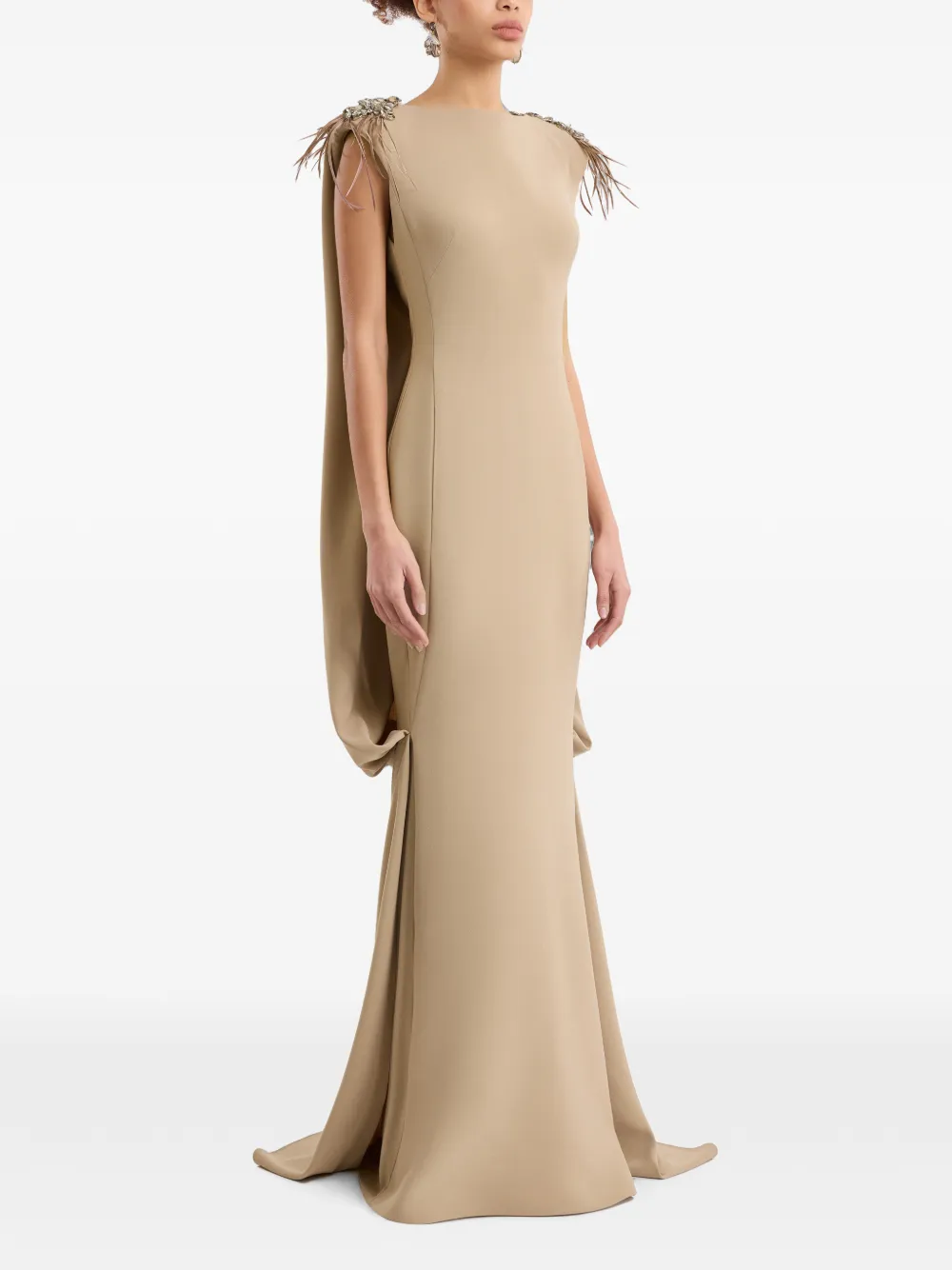 Gemy Maalouf Jurk met veren en kralen Beige